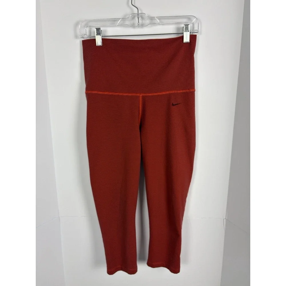 Nike Dri-FIT Foldover Capri Leggings Women's Small Red Black Striped Athletic